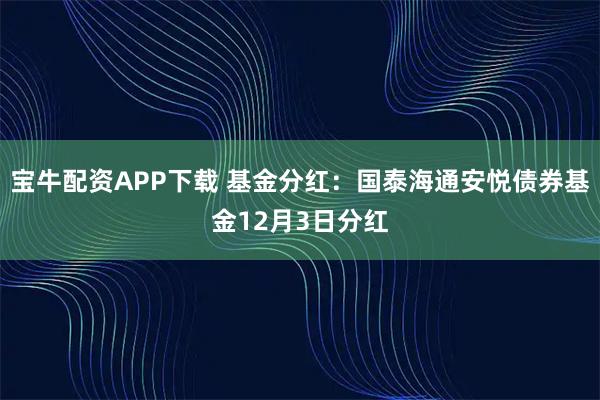 宝牛配资APP下载 基金分红：国泰海通安悦债券基金12月3日分红